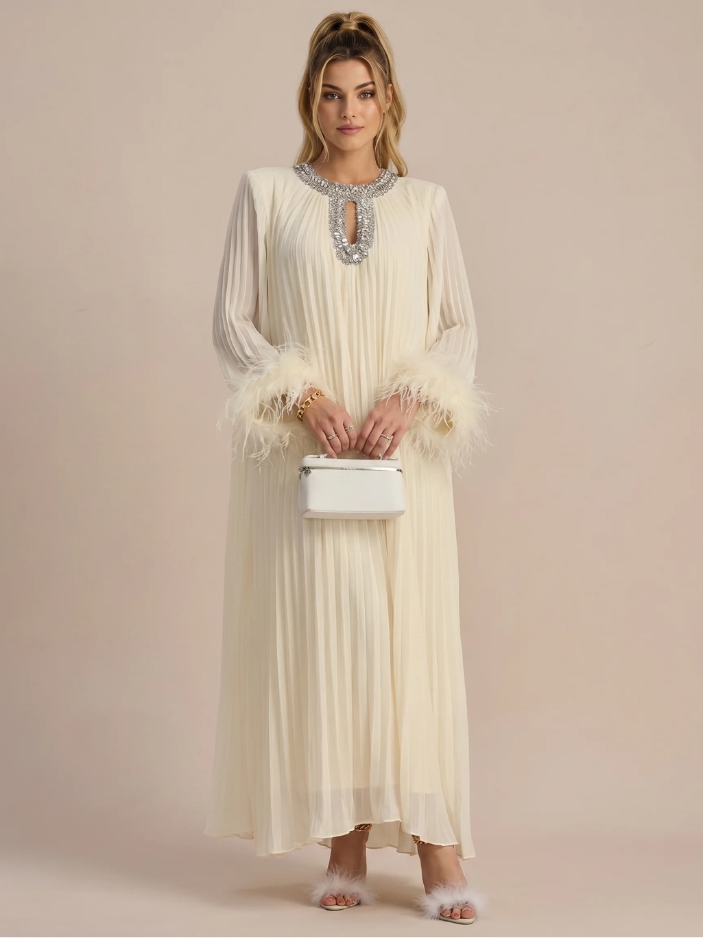 Beulah Cream Pleated Maxi Dress With Feather Cuffs And Jeweled Crystal Neckline